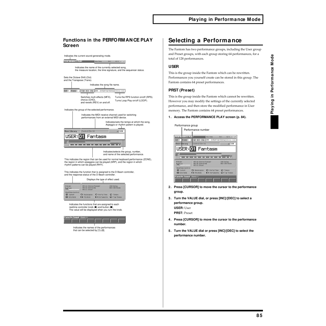 Roland Piano owner manual Selecting a Performance, Functions in the Performance Play Screen, Playing in Performance Mode 