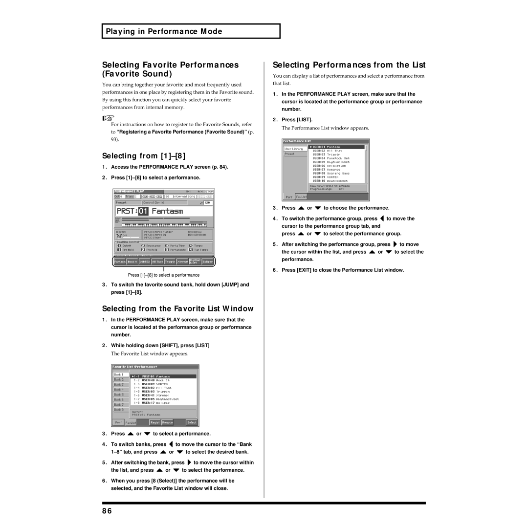 Roland Piano owner manual Selecting Favorite Performances Favorite Sound, Selecting Performances from the List 