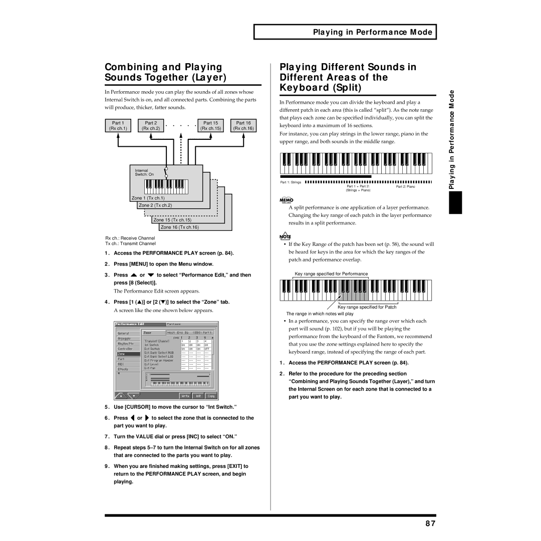 Roland Piano Combining and Playing Sounds Together Layer, Playing Different Sounds Different Areas Keyboard Split, Mode 