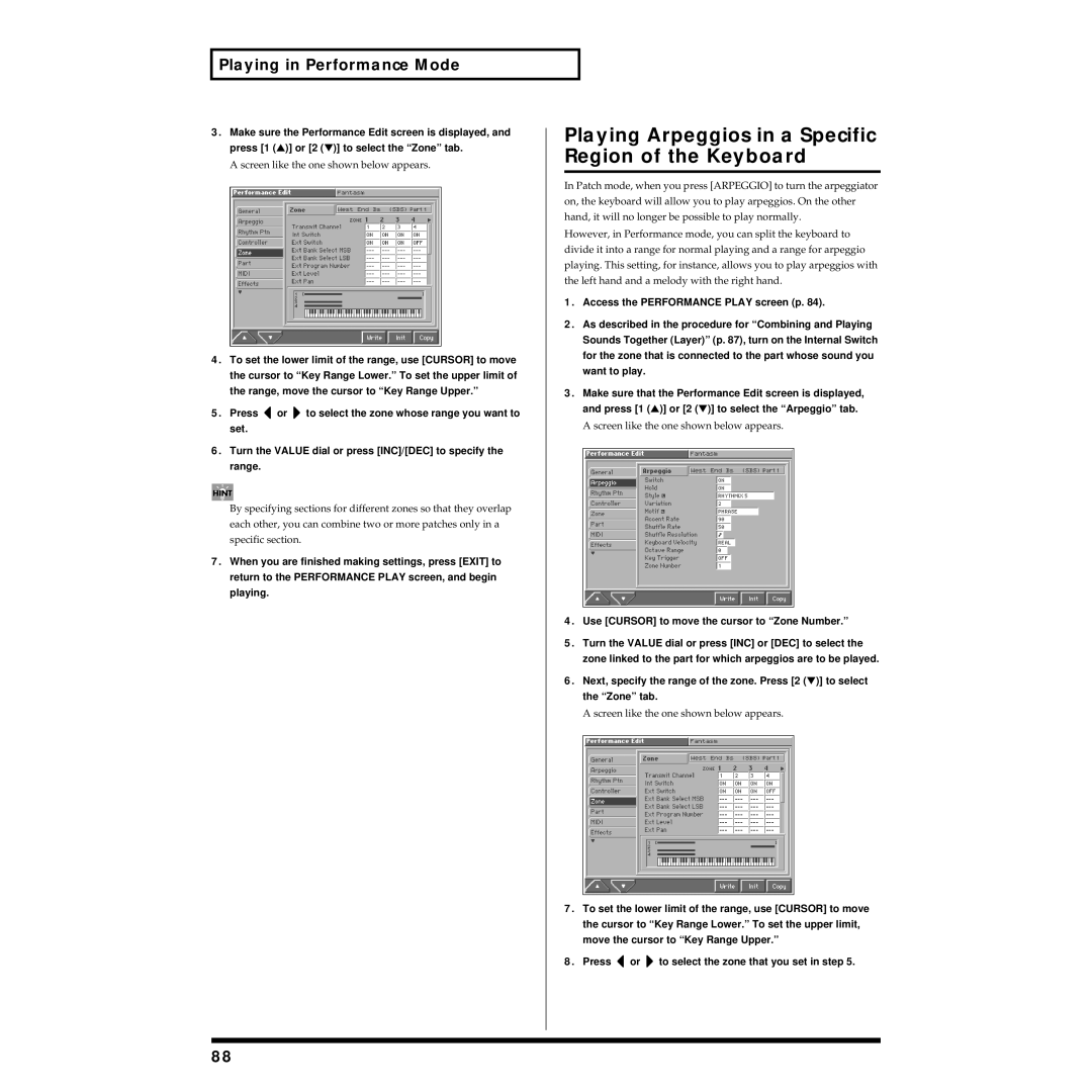 Roland Piano Playing Arpeggios in a Specific Region of the Keyboard, Use Cursor to move the cursor to Zone Number 