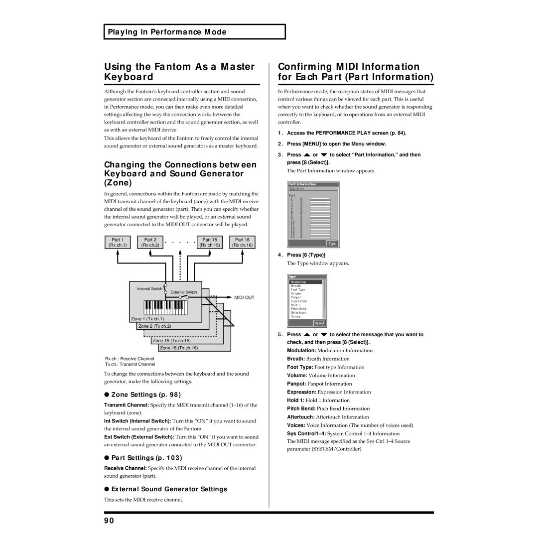 Roland Piano owner manual Using the Fantom As a Master Keyboard, Confirming Midi Information for Each Part Part Information 