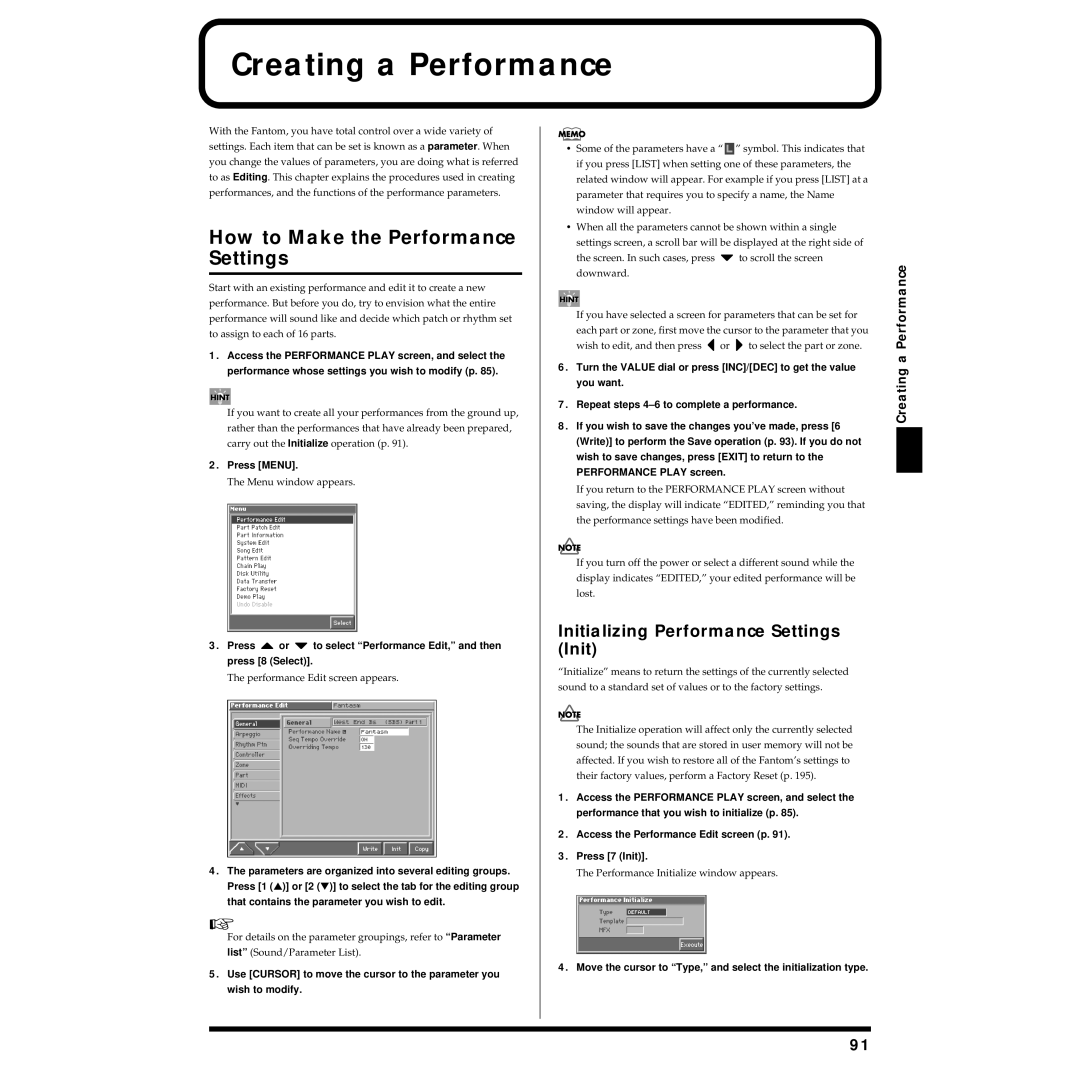 Roland Piano Creating a Performance, How to Make the Performance Settings, Initializing Performance Settings Init 