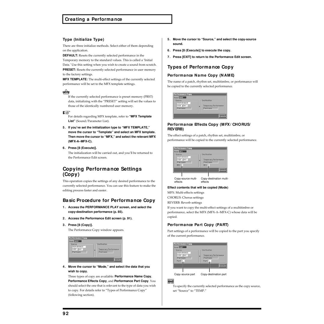 Roland Piano Copying Performance Settings Copy, Basic Procedure for Performance Copy, Types of Performance Copy 