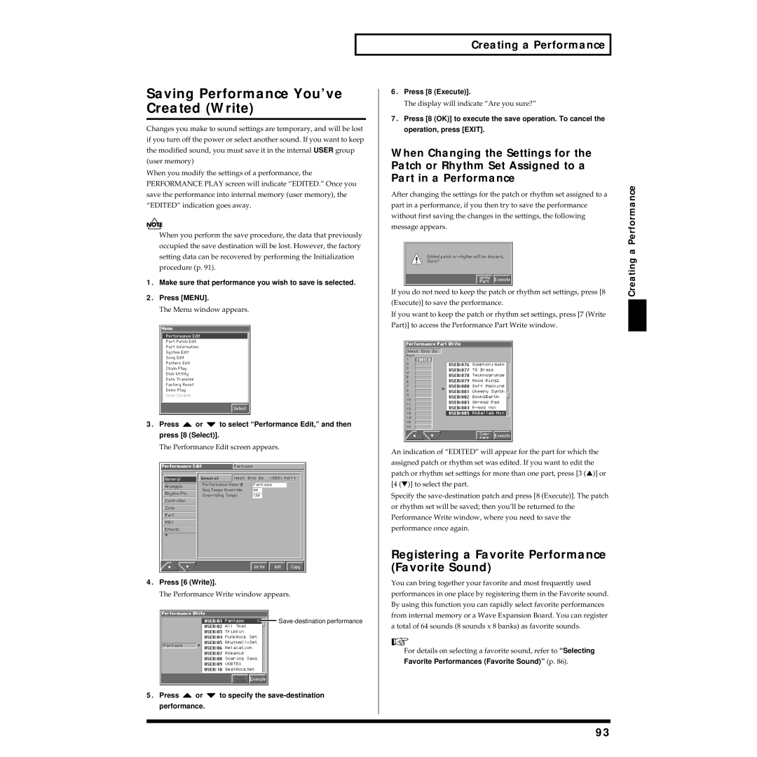 Roland Piano owner manual Saving Performance You’ve Created Write, Performance Write window appears 