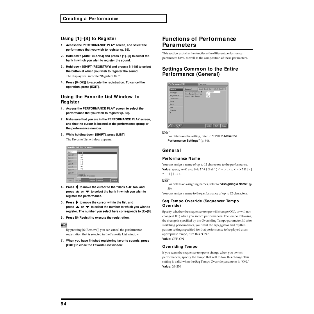 Roland Piano owner manual Functions of Performance Parameters, Settings Common to the Entire Performance General 