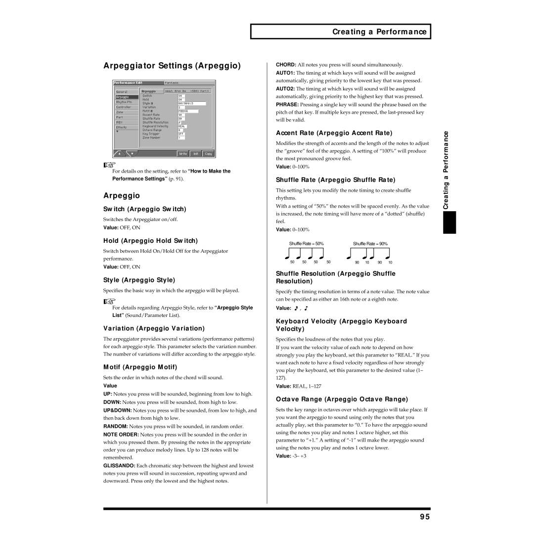 Roland Piano Shuffle Rate Arpeggio Shuffle Rate Creating, Shuffle Resolution Arpeggio Shuffle, Performance Settings p 