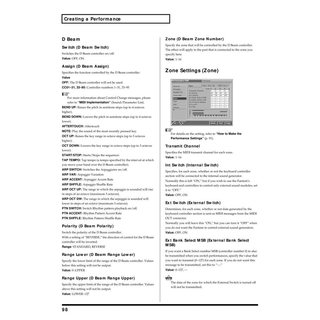 Roland Piano owner manual Zone Settings Zone, Creating a Performance Beam 