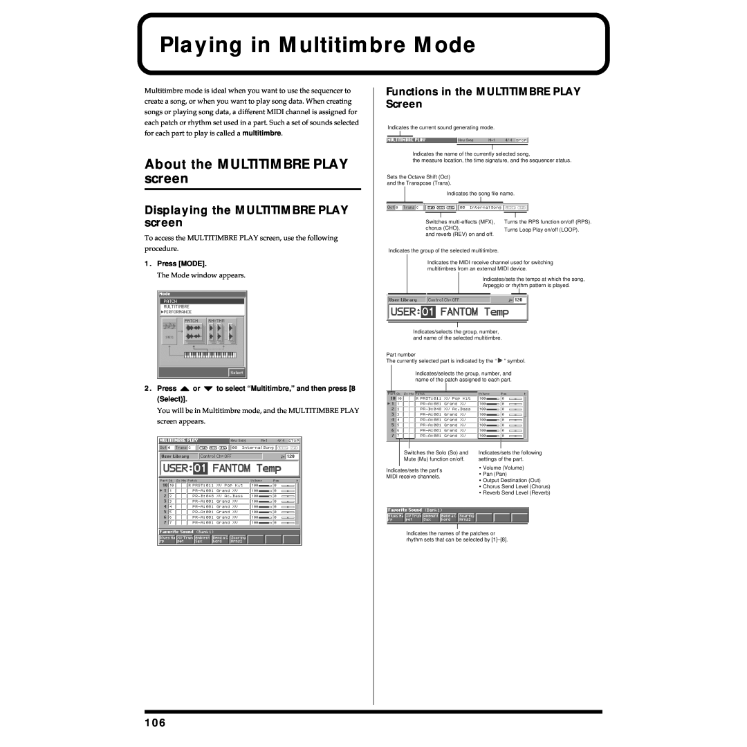 Roland Piano Playing in Multitimbre Mode, About the MULTITIMBRE PLAY screen, Displaying the MULTITIMBRE PLAY screen 