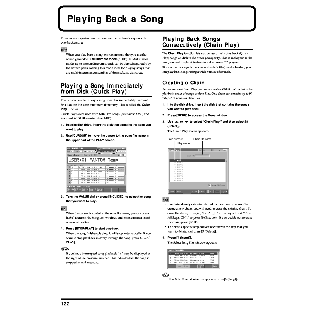 Roland Piano owner manual Playing Back a Song, Playing a Song Immediately from Disk Quick Play, Creating a Chain 