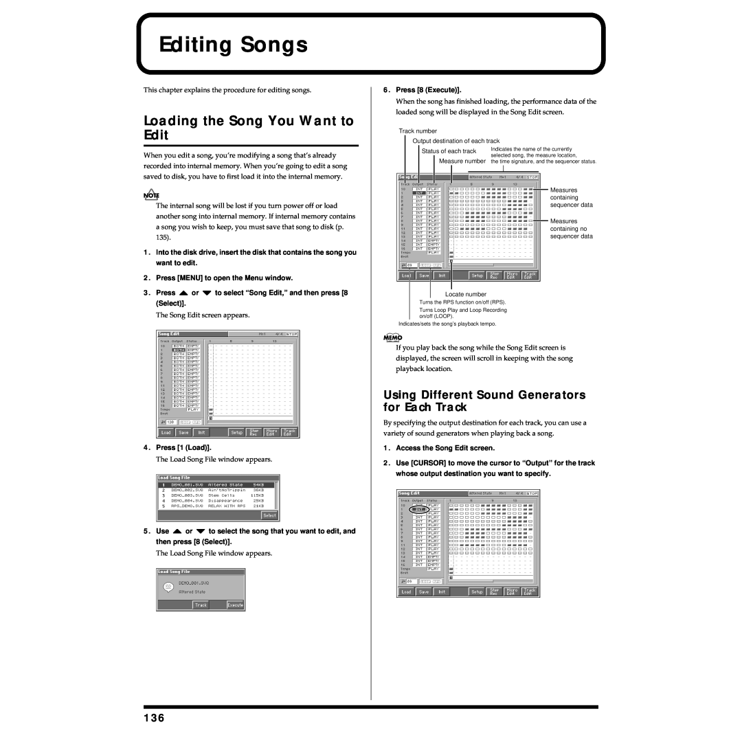Roland Piano owner manual Editing Songs, Loading the Song You Want to Edit, Using Different Sound Generators for Each Track 