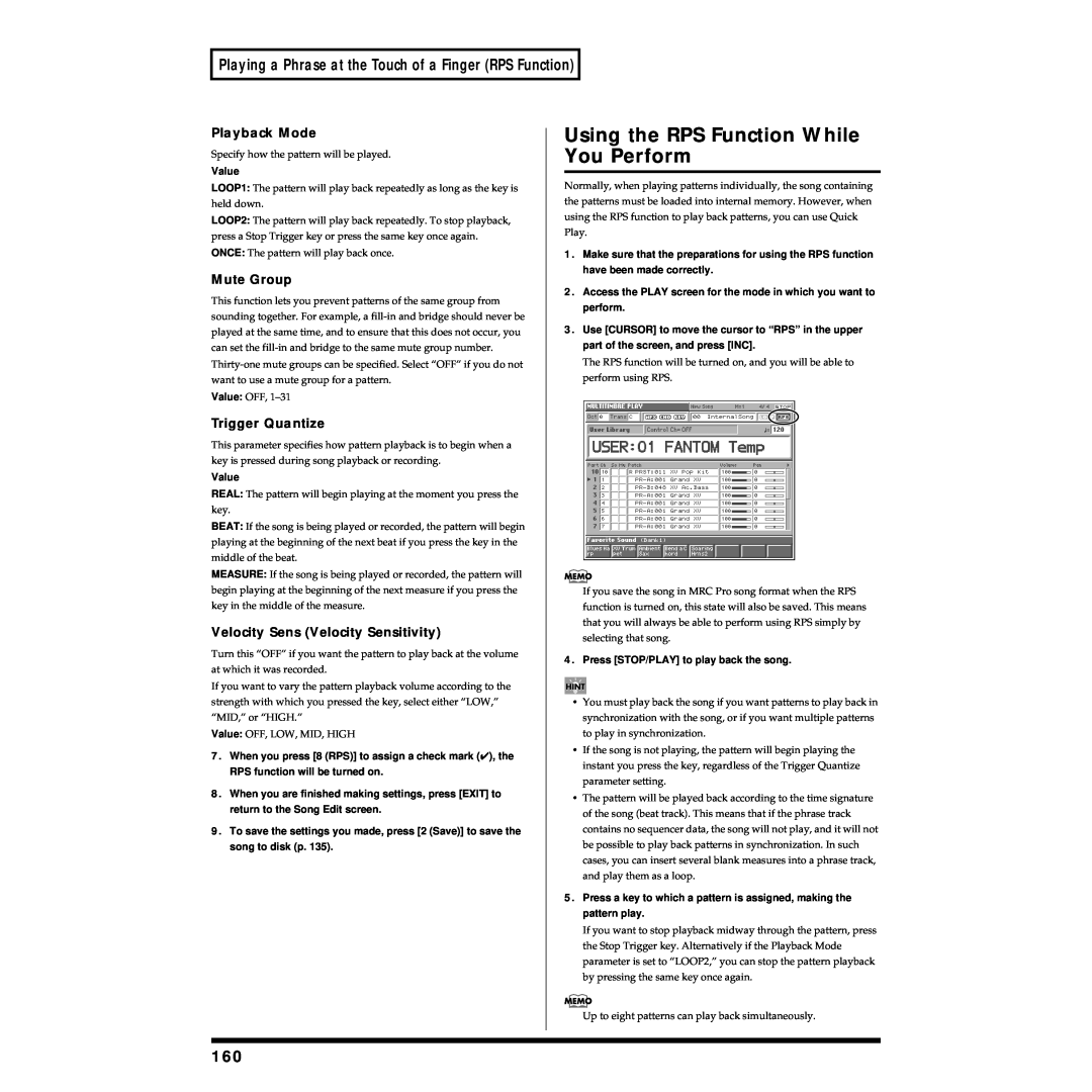 Roland Piano Using the RPS Function While You Perform, Playing a Phrase at the Touch of a Finger RPS Function, Mute Group 