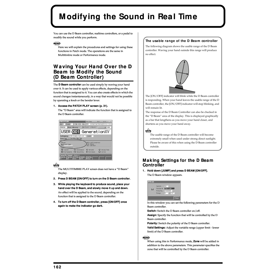 Roland Piano owner manual Modifying the Sound in Real Time, Making Settings for the D Beam Controller 