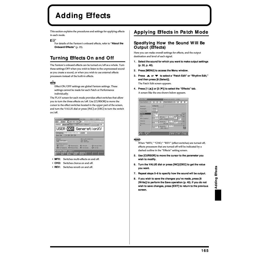 Roland Piano owner manual Adding Effects, Turning Effects On and Off, Applying Effects in Patch Mode 