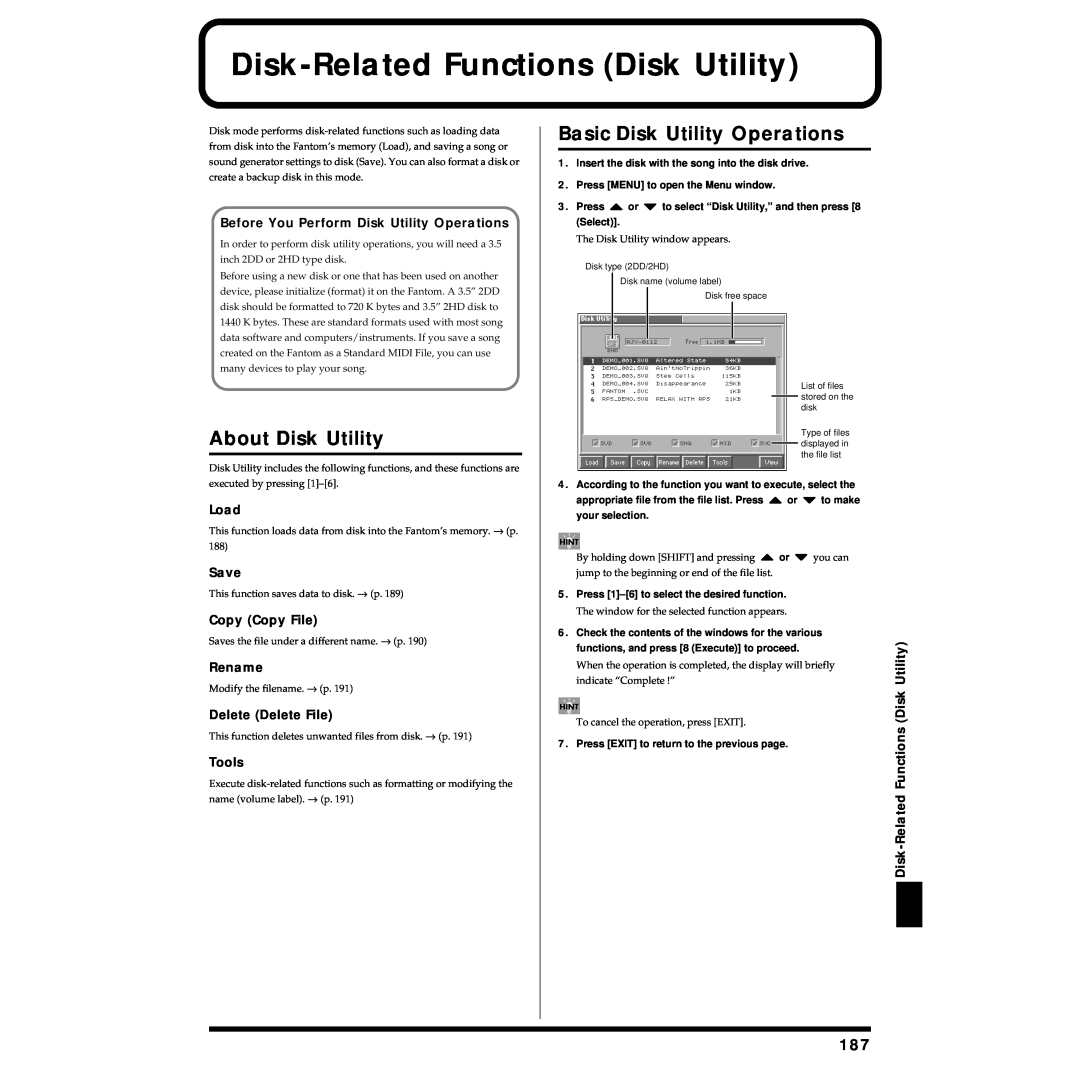 Roland Piano Disk-Related Functions Disk Utility, About Disk Utility, Basic Disk Utility Operations, Load, Save, Rename 