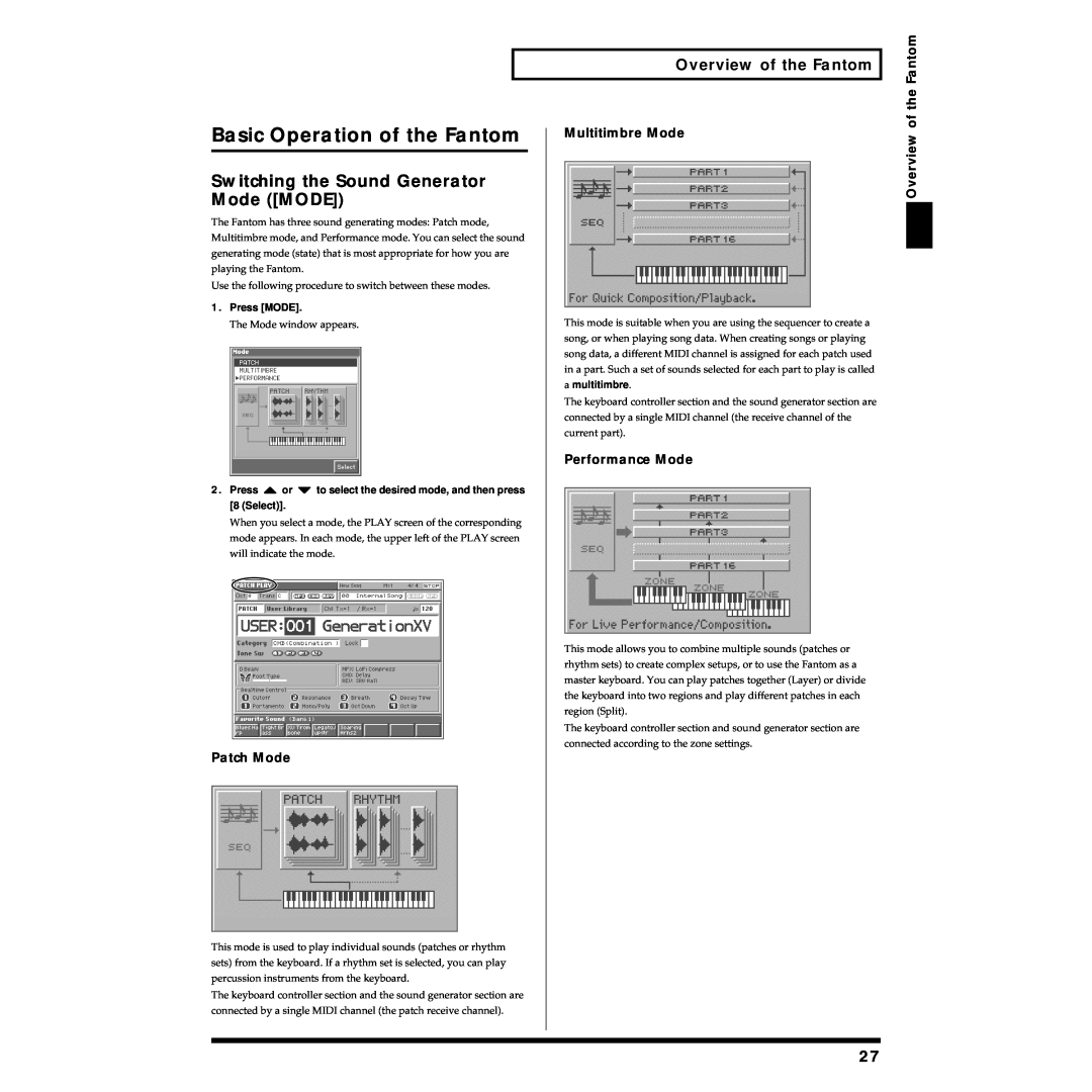 Roland Piano Basic Operation of the Fantom, Switching the Sound Generator Mode MODE, Overview of the Fantom, Patch Mode 