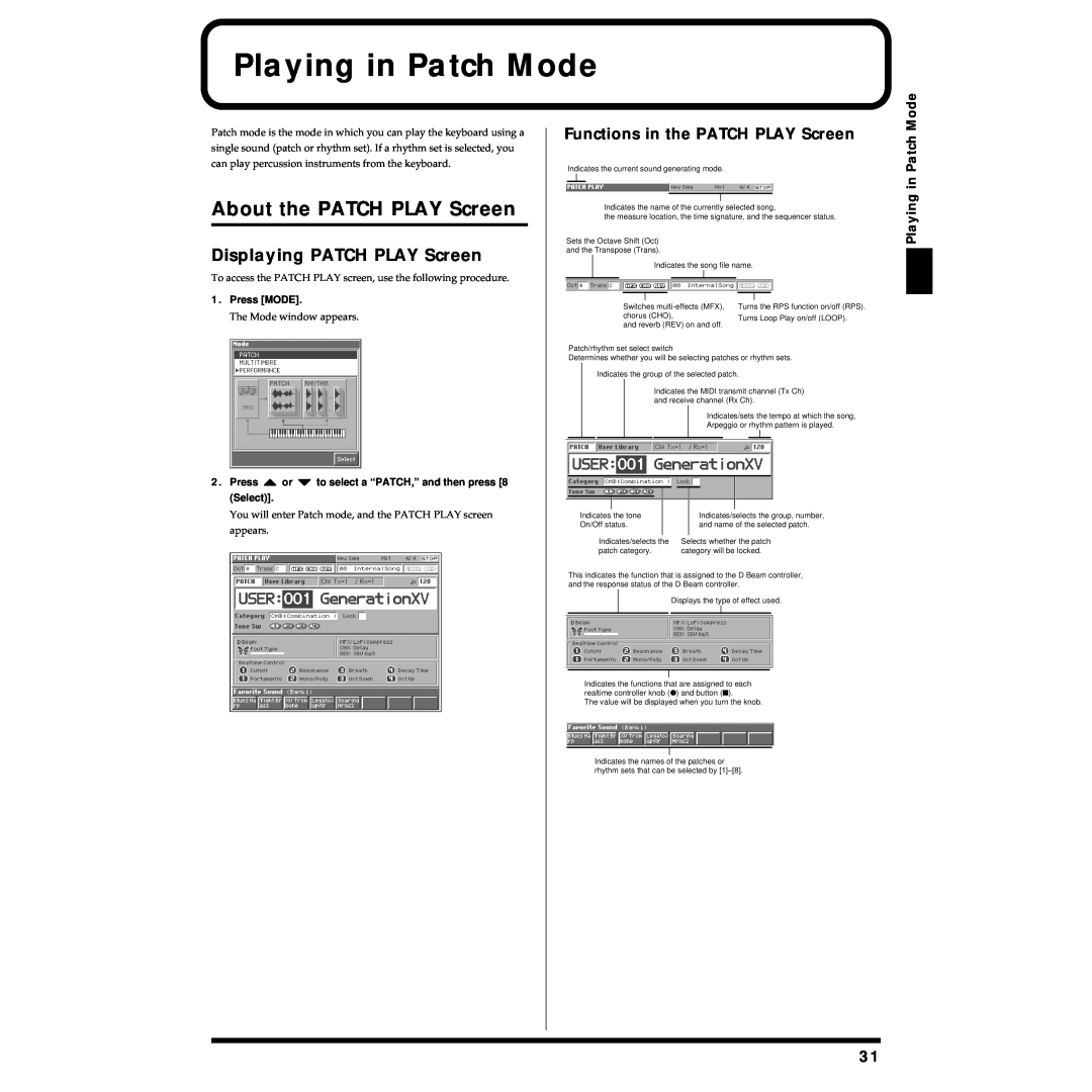 Roland Piano owner manual Playing in Patch Mode, About the PATCH PLAY Screen, Displaying PATCH PLAY Screen 