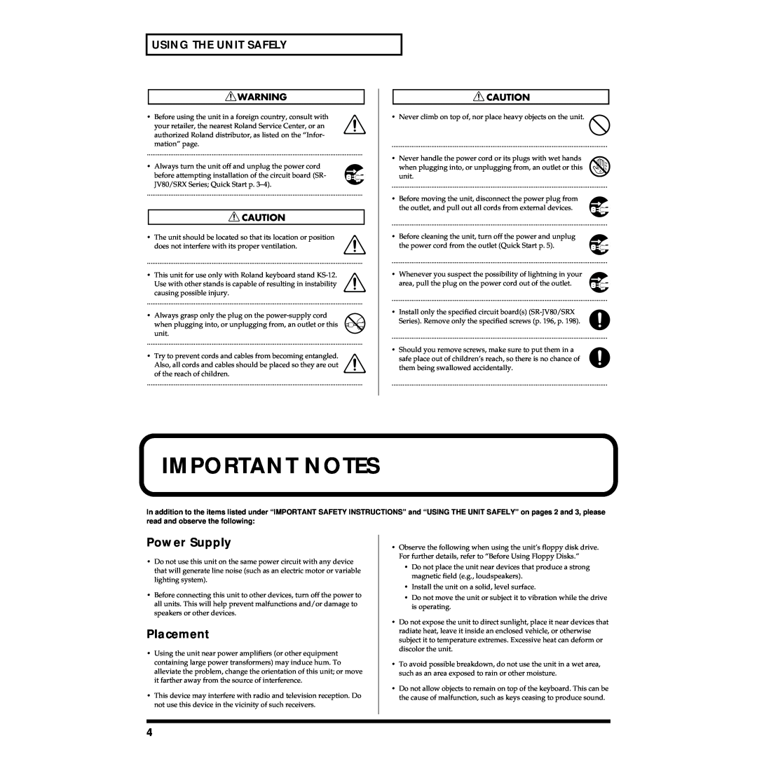 Roland Piano owner manual Important Notes, Power Supply, Placement, Using The Unit Safely 