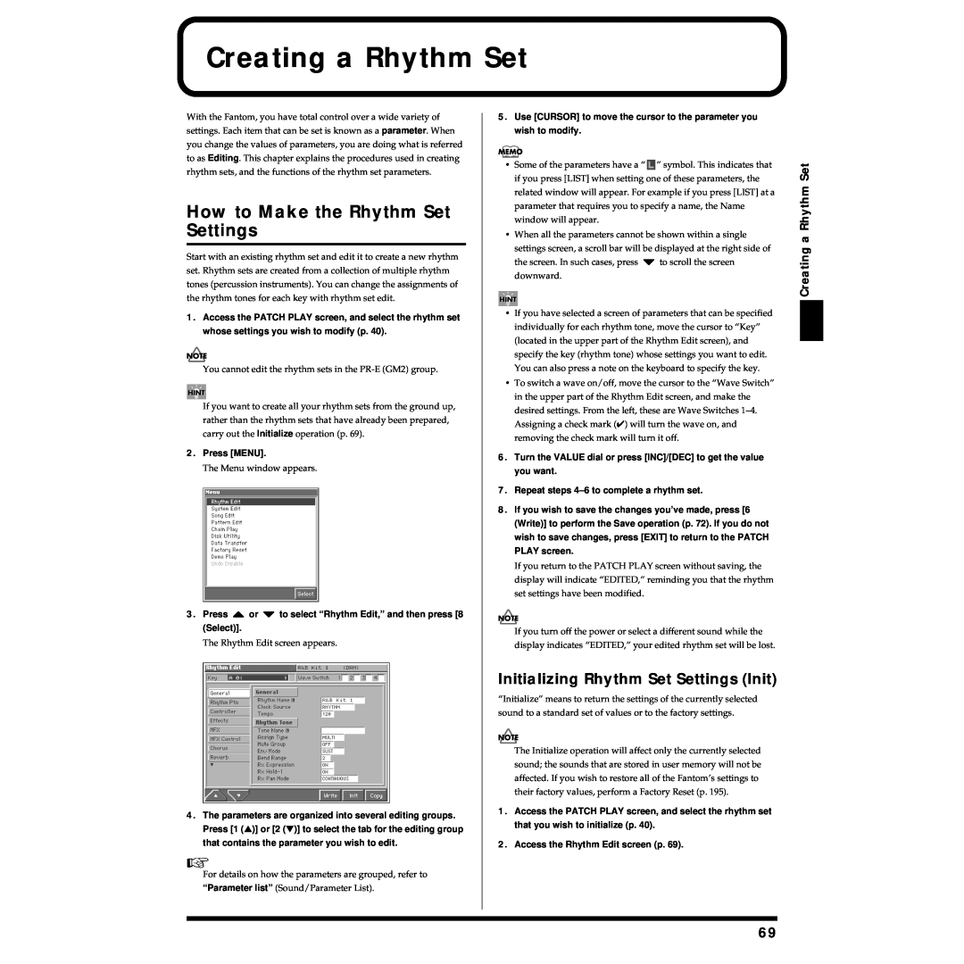 Roland Piano owner manual Creating a Rhythm Set, How to Make the Rhythm Set Settings, Initializing Rhythm Set Settings Init 