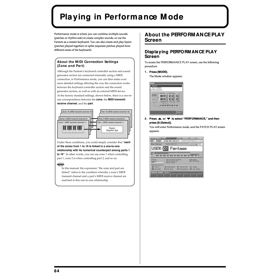 Roland Piano Playing in Performance Mode, About the PERFORMANCE PLAY Screen, Displaying PERFORMANCE PLAY Screen 