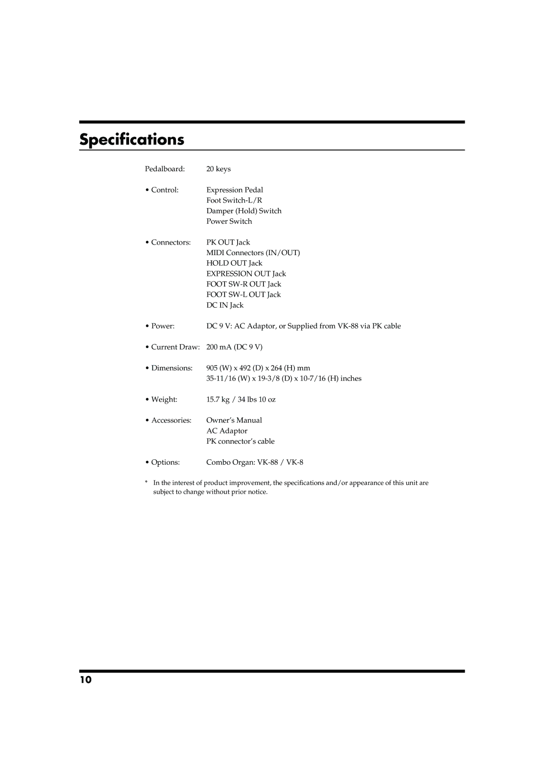 Roland PK-7 owner manual Specifications 