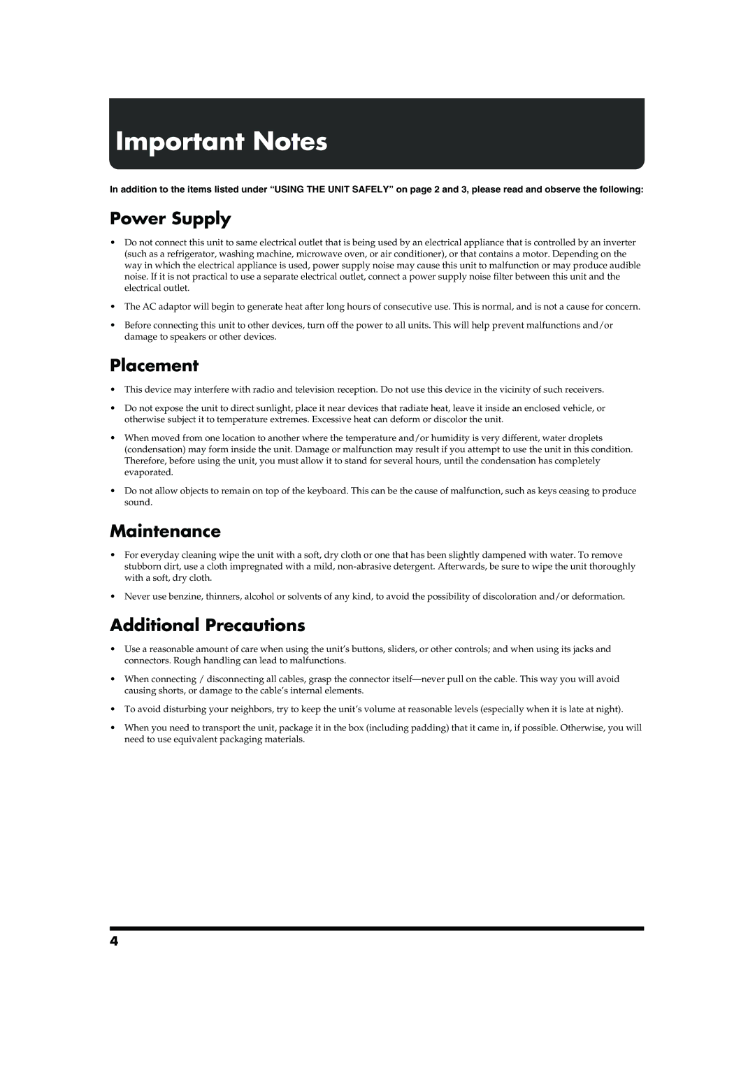 Roland PK-7 owner manual Important Notes, Power Supply 