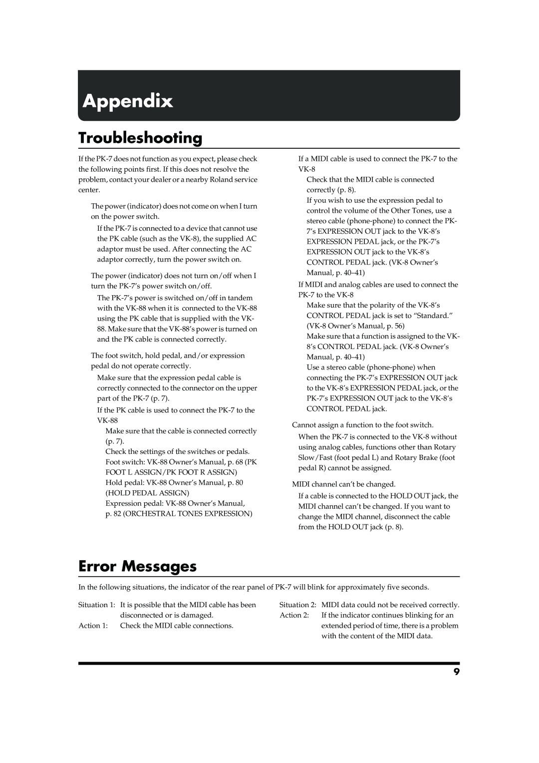 Roland PK-7 owner manual Appendix, Troubleshooting, Error Messages 