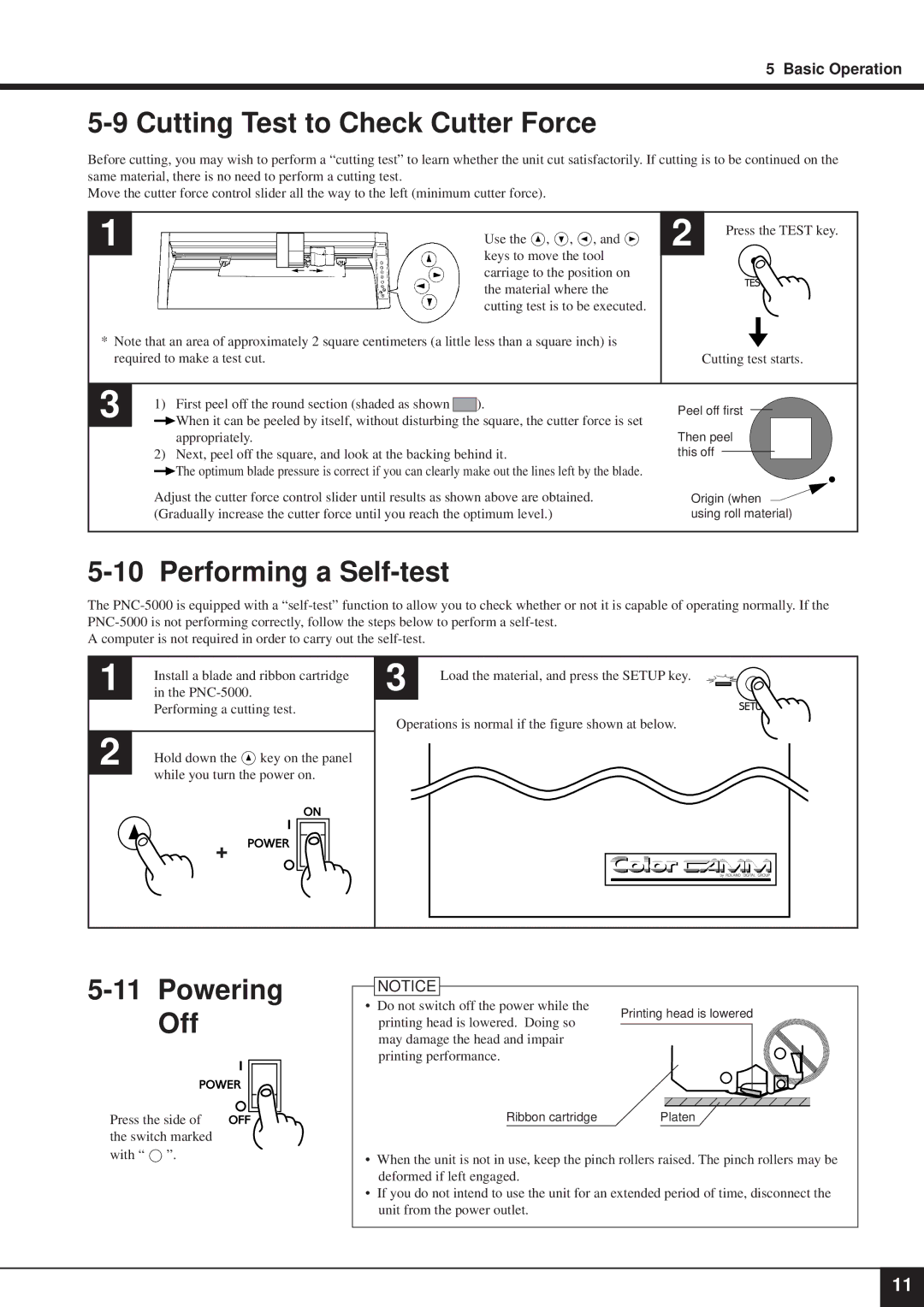 Roland PNC-5000 user manual Cutting Test to Check Cutter Force, Performing a Self-test, Powering Off 