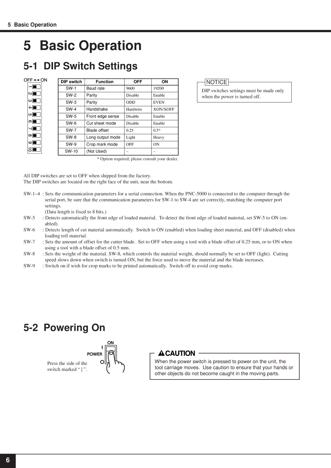 Roland PNC-5000 user manual Basic Operation, DIP Switch Settings, Powering On 