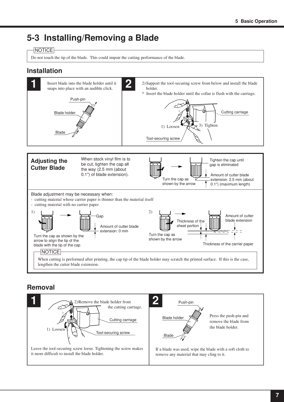 Roland PNC-5000 user manual Installing/Removing a Blade, Adjusting the Cutter Blade, Blade adjustment may be necessary when 