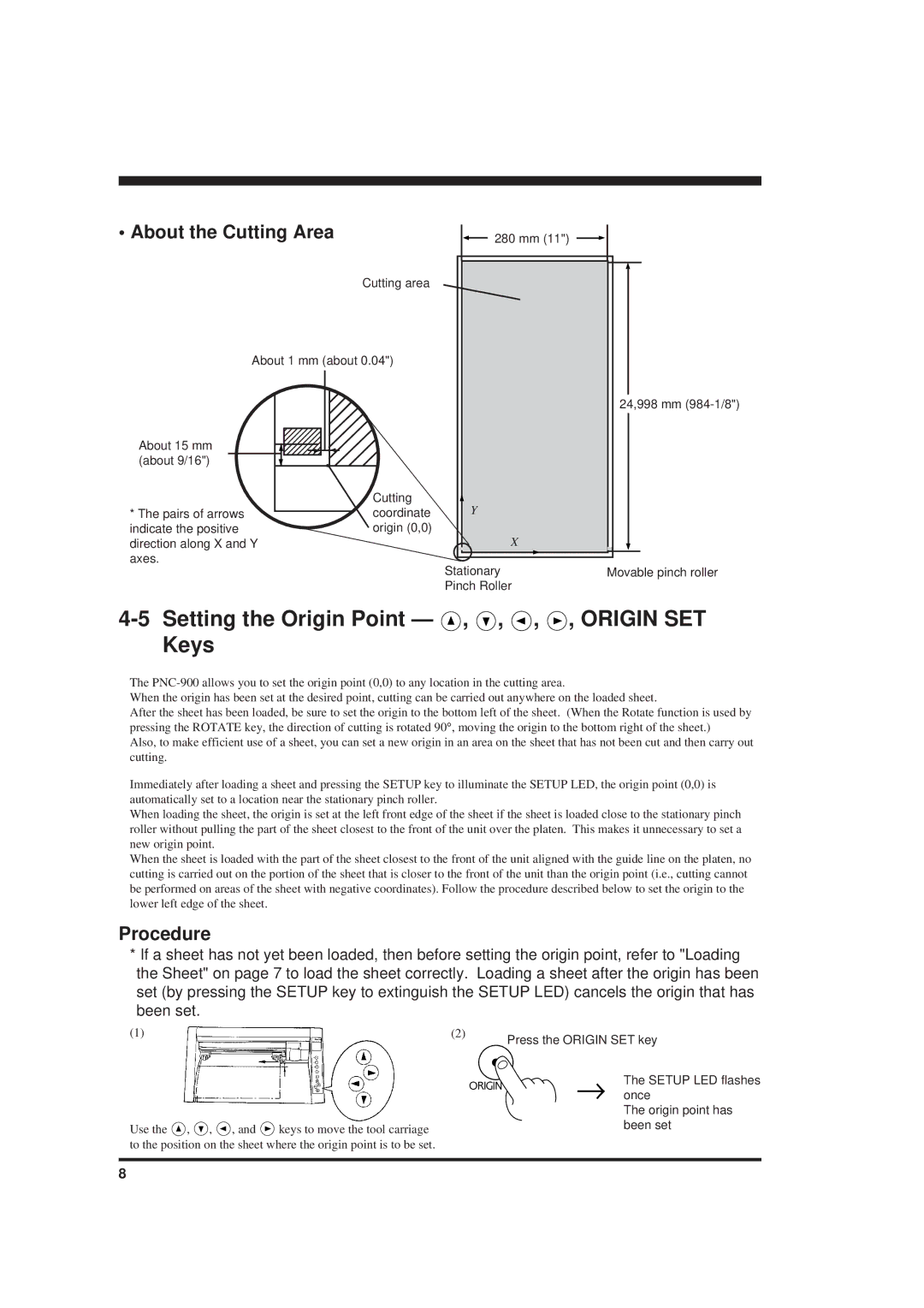 Roland PNC-900 user manual Setting the Origin Point Keys, About the Cutting Area, Procedure 