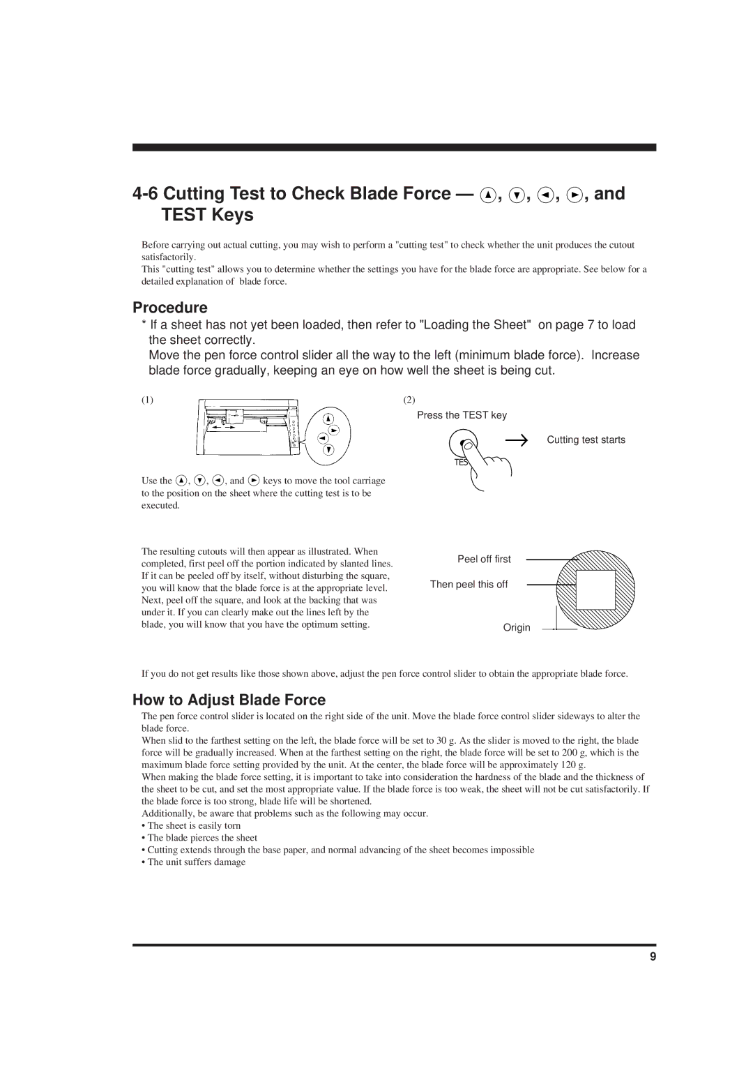 Roland PNC-900 user manual Cutting Test to Check Blade Force Test Keys, How to Adjust Blade Force 