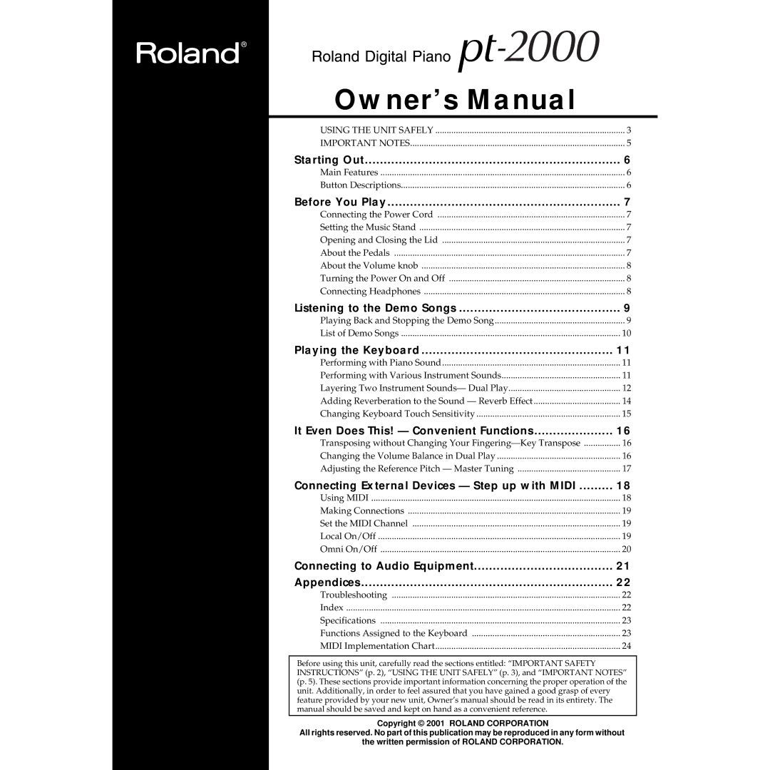 Roland pt-2000 owner manual Starting Out, Before You Play, Listening to the Demo Songs, Playing the Keyboard 