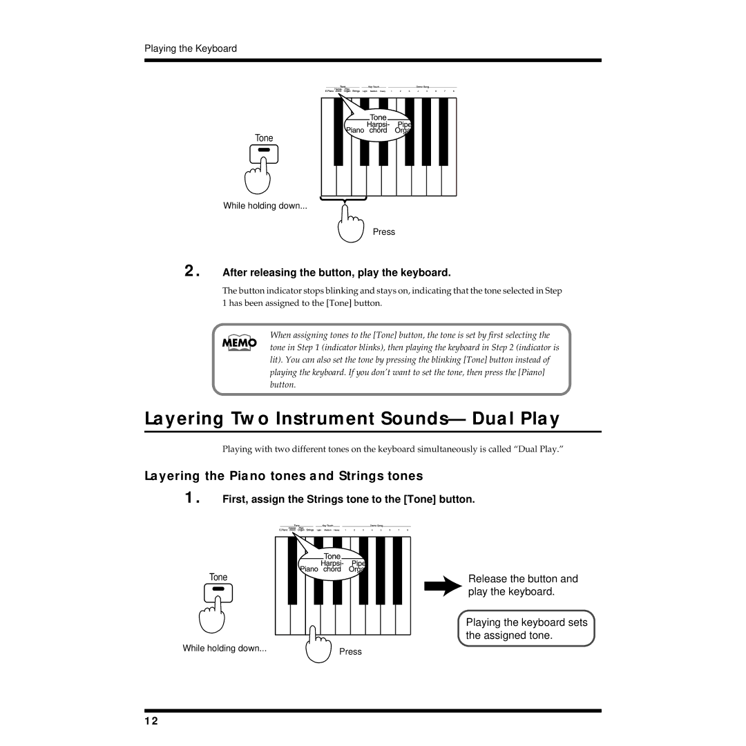 Roland pt-2000 owner manual Layering Two Instrument Sounds- Dual Play, Layering the Piano tones and Strings tones 