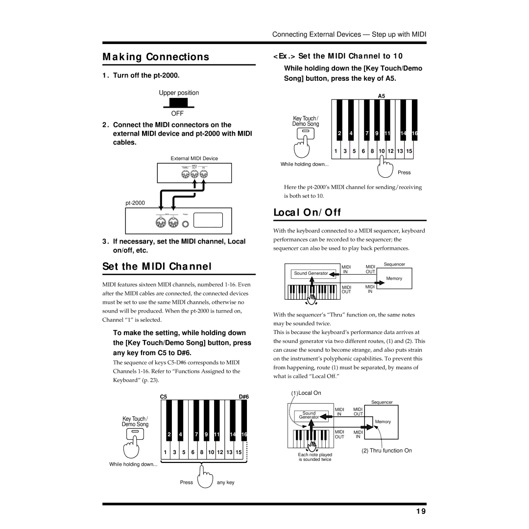 Roland pt-2000 owner manual Making Connections, Local On/Off, Ex. Set the Midi Channel to 