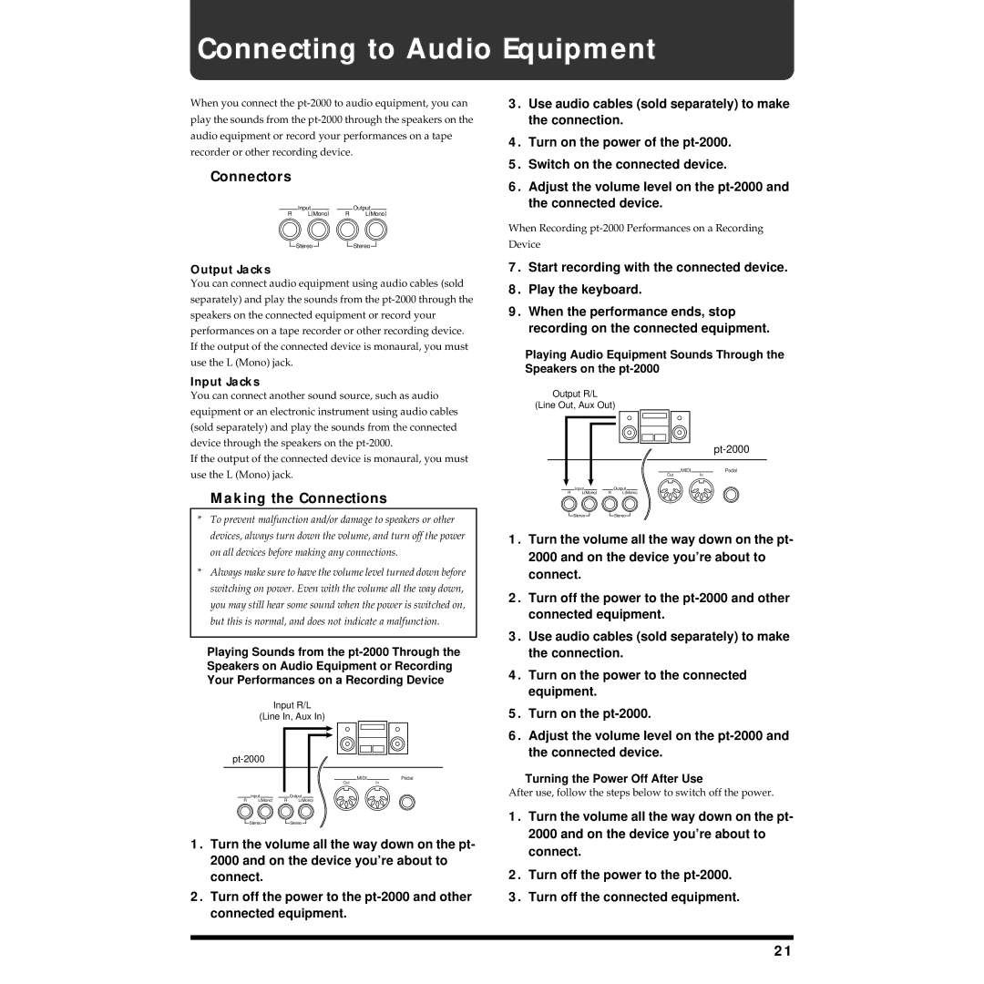 Roland pt-2000 owner manual Connecting to Audio Equipment, Connectors, Making the Connections 