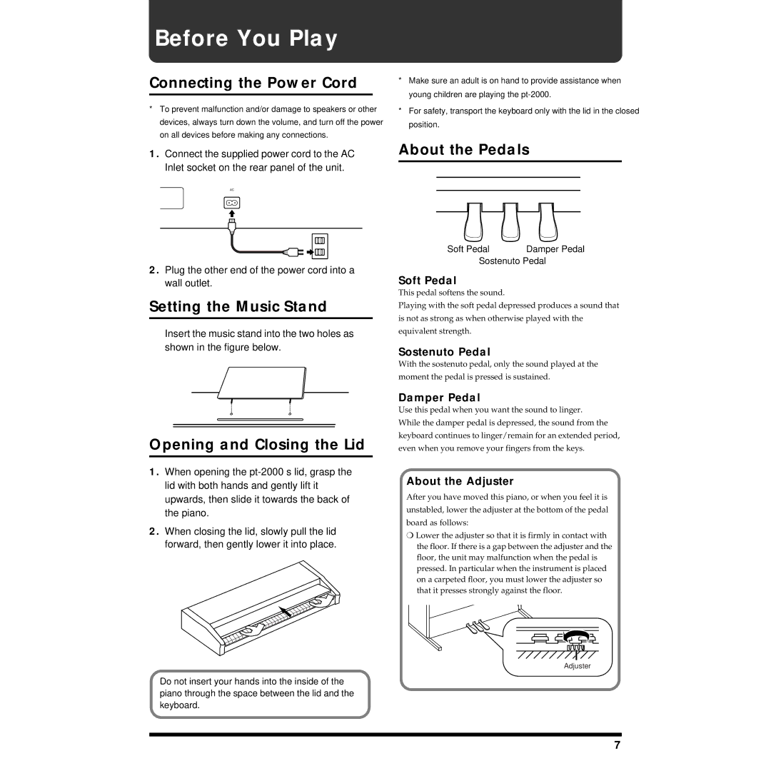 Roland pt-2000 Before You Play, Connecting the Power Cord, Setting the Music Stand, Opening and Closing the Lid 