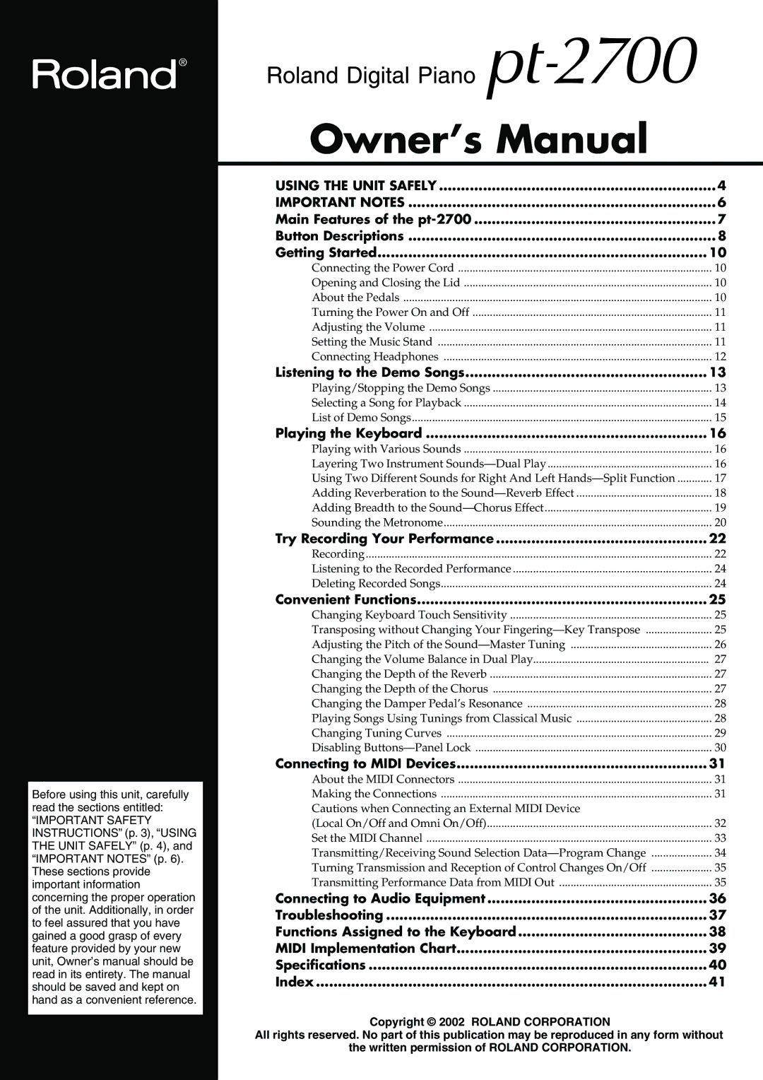 Roland pt-2700 owner manual Listening to the Demo Songs, Playing the Keyboard, Try Recording Your Performance 