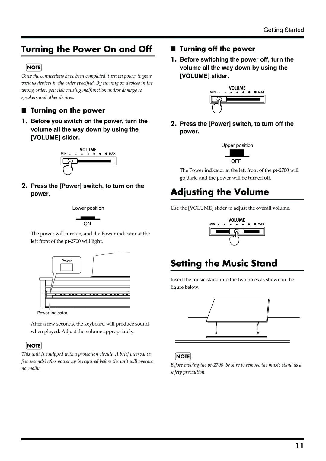 Roland pt-2700 owner manual Adjusting the Volume, Setting the Music Stand, Turning on the power, Turning off the power 