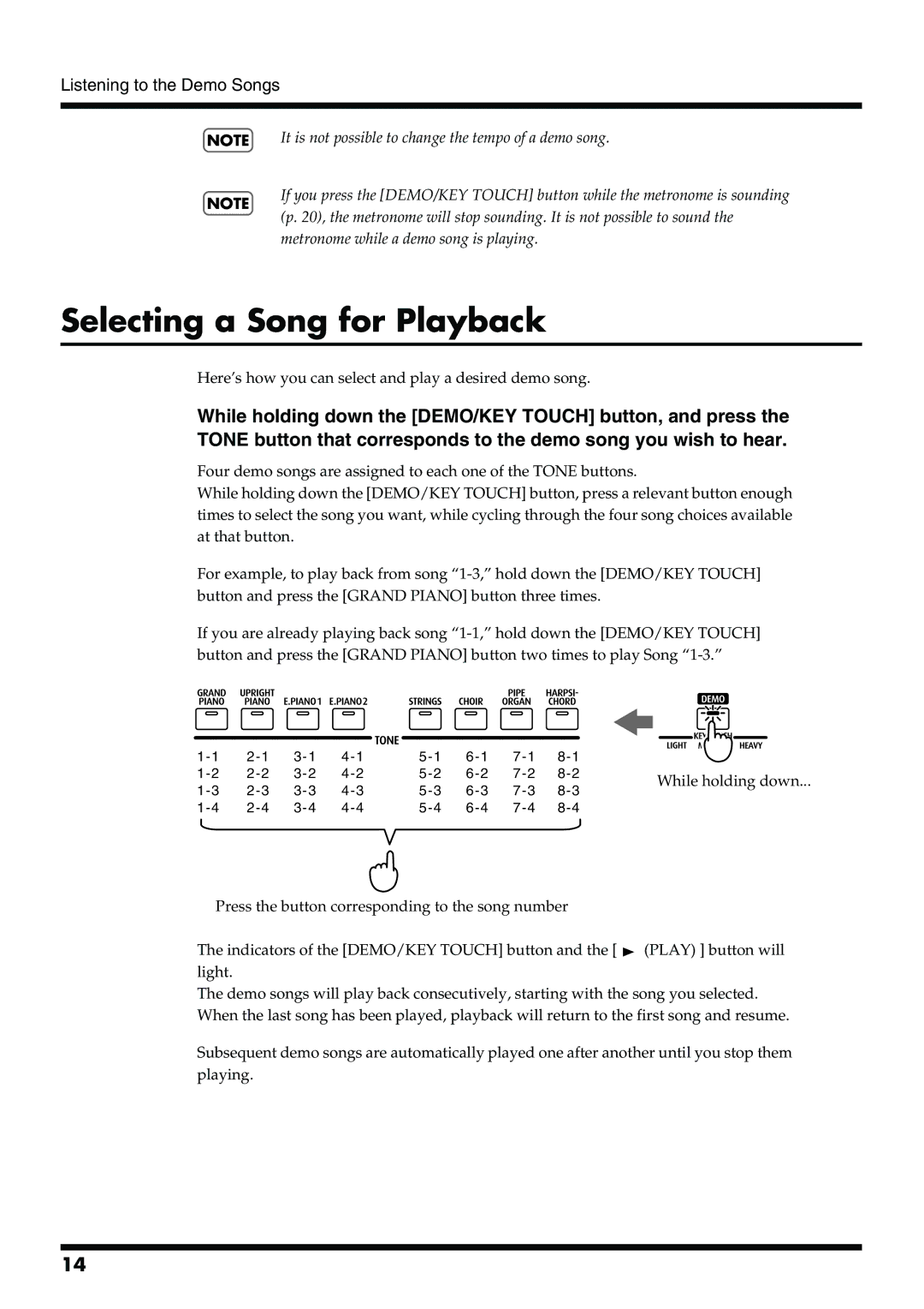 Roland pt-2700 owner manual Selecting a Song for Playback, Listening to the Demo Songs 