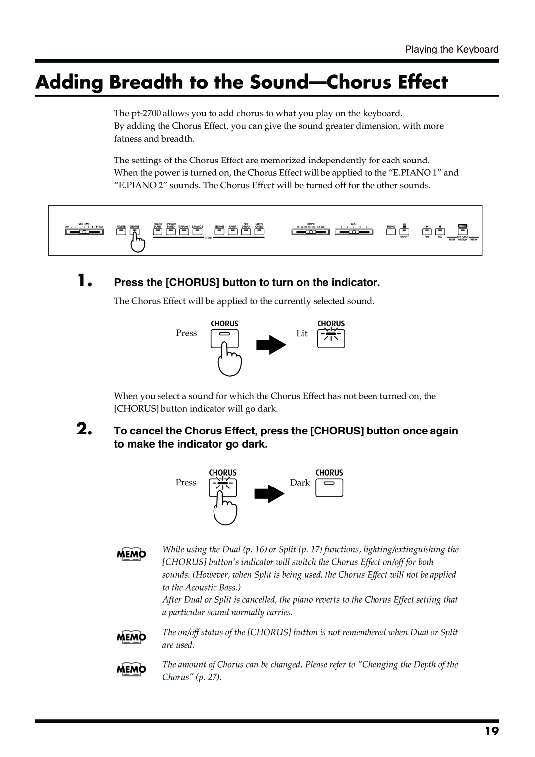 Roland pt-2700 owner manual Adding Breadth to the Sound-Chorus Effect, Press the Chorus button to turn on the indicator 