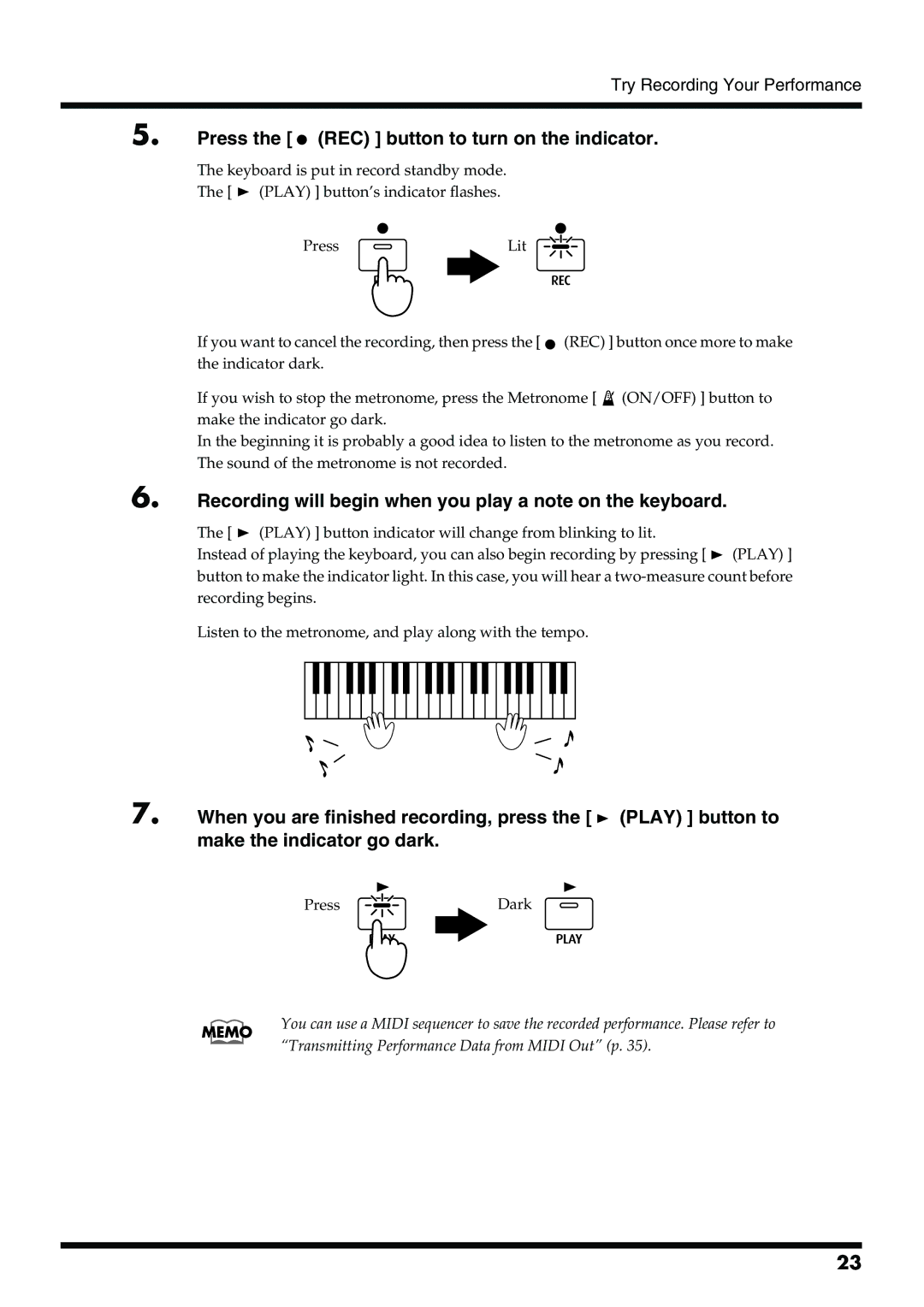 Roland pt-2700 Press the REC button to turn on the indicator, Recording will begin when you play a note on the keyboard 