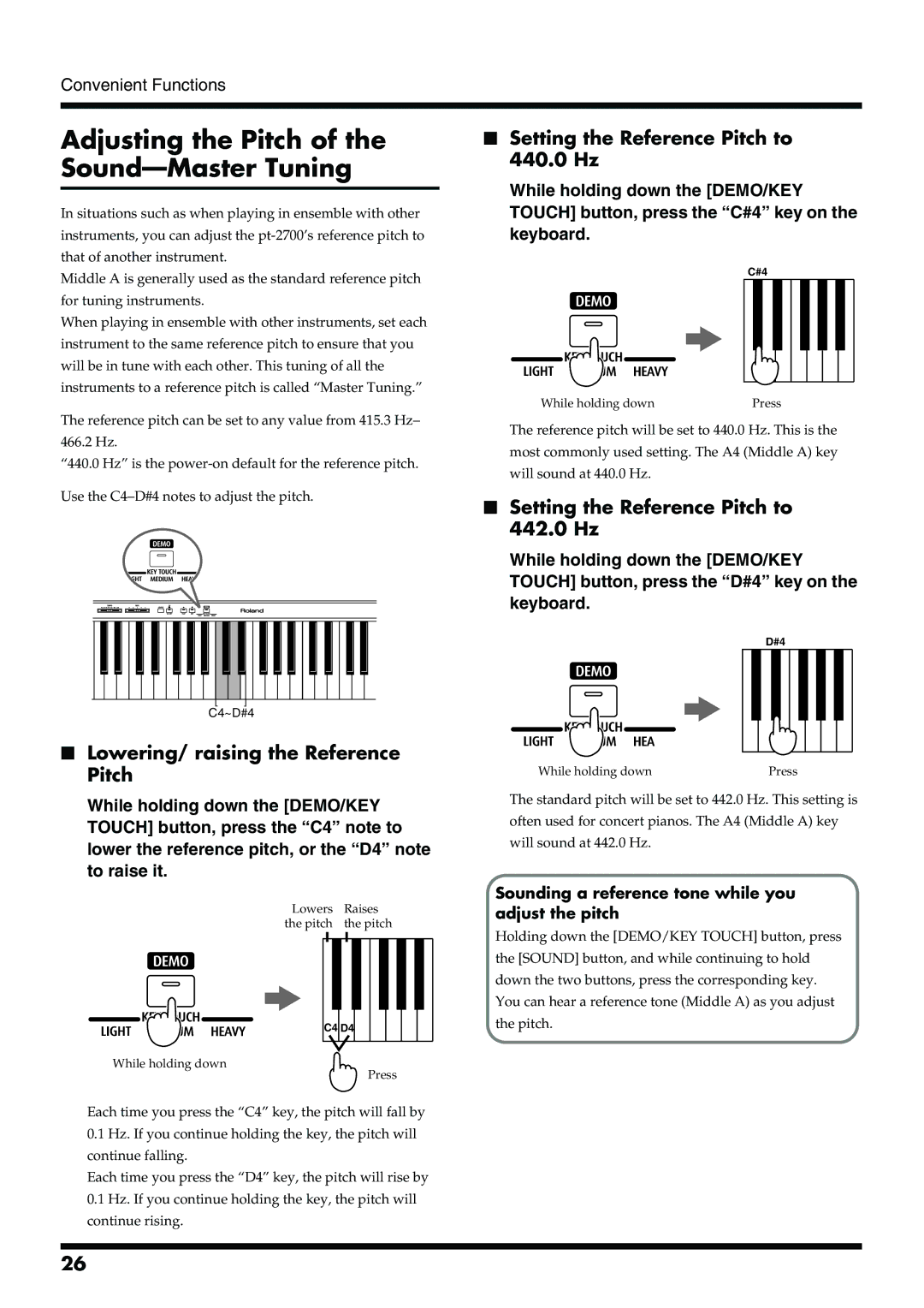 Roland pt-2700 owner manual Adjusting the Pitch of the Sound-Master Tuning, Setting the Reference Pitch to 442.0 Hz 