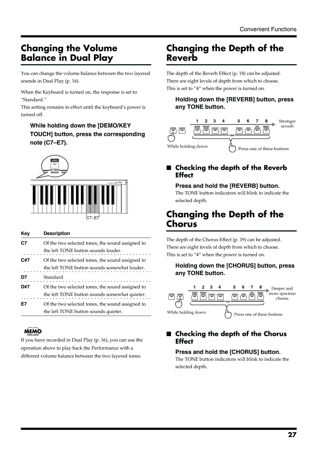 Roland pt-2700 owner manual Changing the Volume Balance in Dual Play, Changing the Depth of the Reverb 