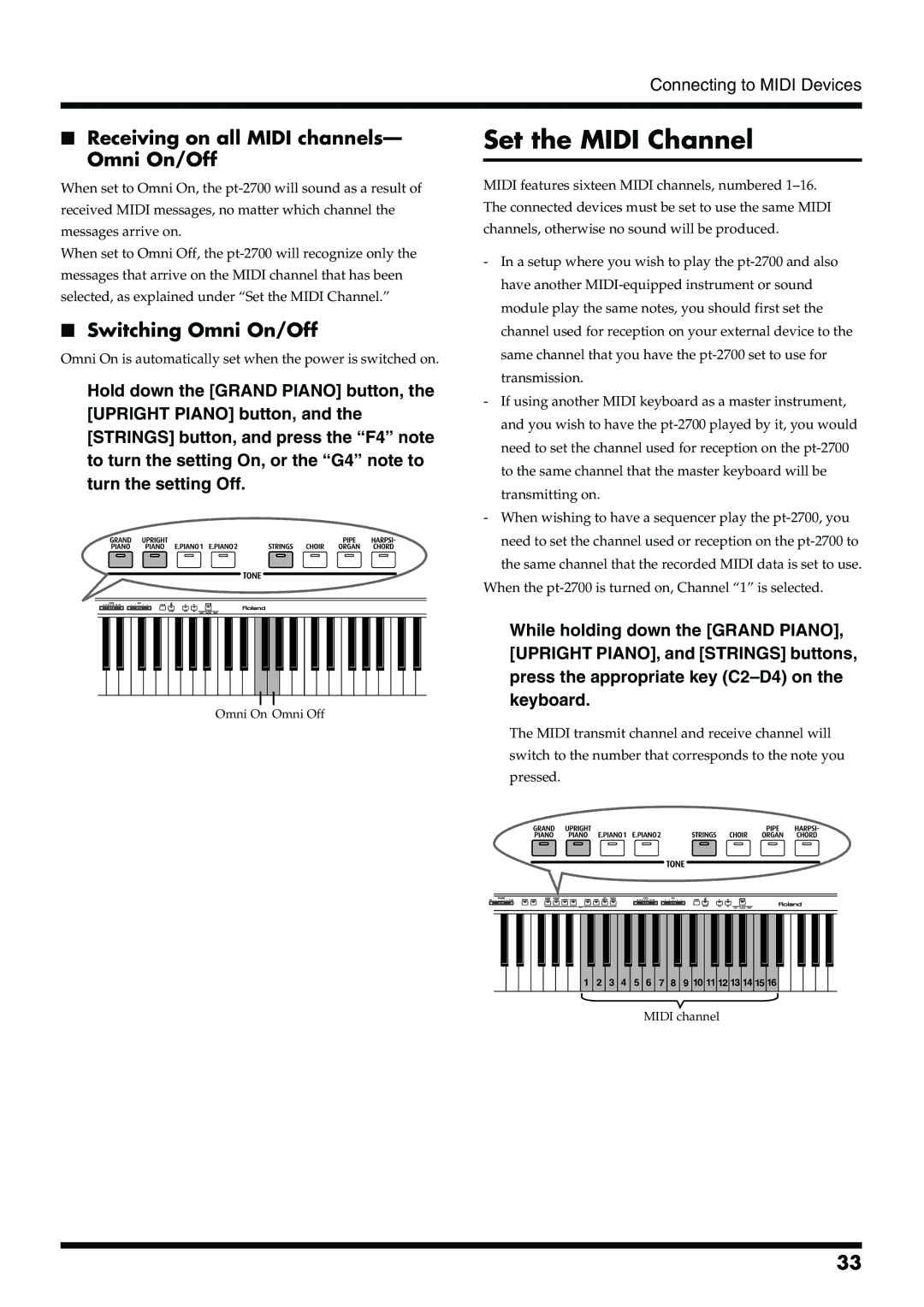 Roland pt-2700 owner manual Set the Midi Channel, Receiving on all Midi channels- Omni On/Off, Switching Omni On/Off 