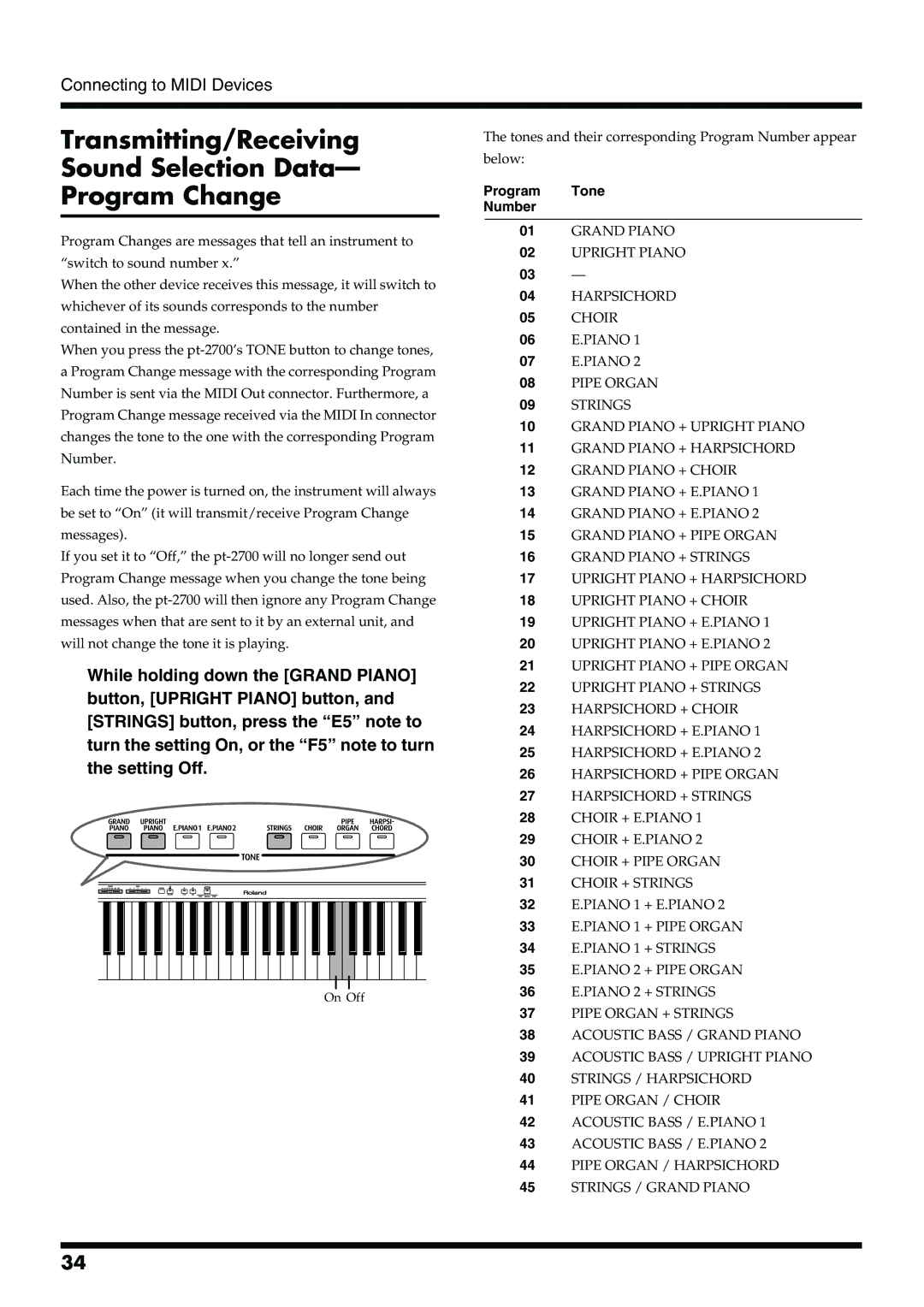 Roland pt-2700 owner manual Transmitting/Receiving Sound Selection Data Program Change, Program Tone Number 