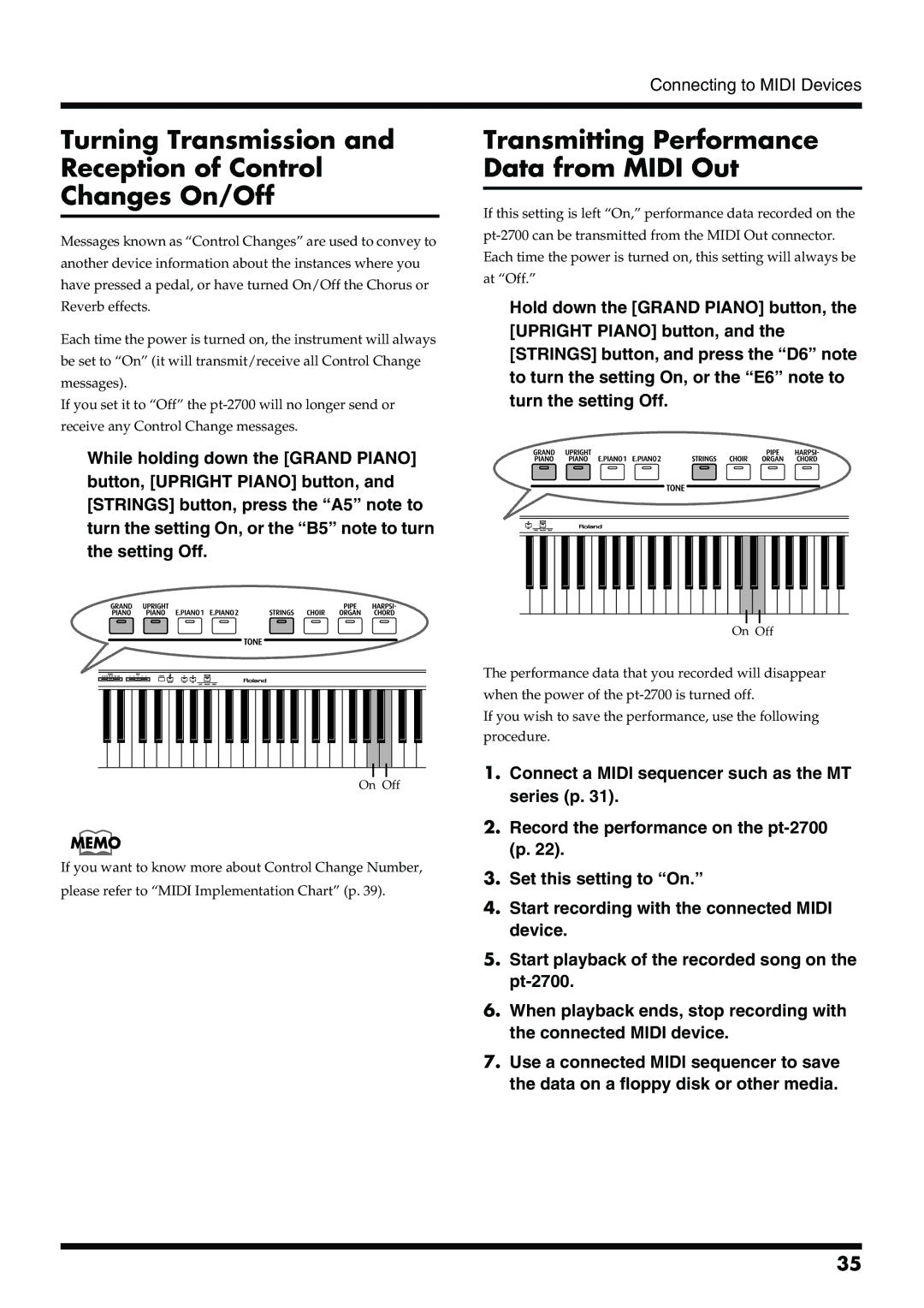 Roland pt-2700 Turning Transmission Reception of Control Changes On/Off, Transmitting Performance Data from Midi Out 