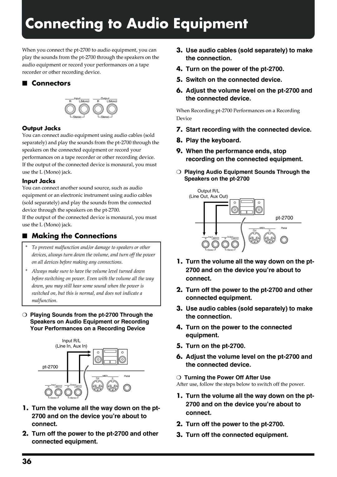 Roland pt-2700 owner manual Connecting to Audio Equipment, Connectors, Making the Connections, Output Jacks, Input Jacks 