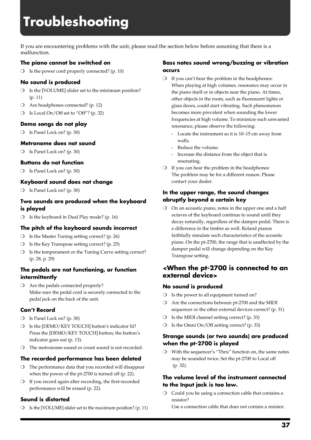 Roland owner manual Troubleshooting, When the pt-2700 is connected to an external device 