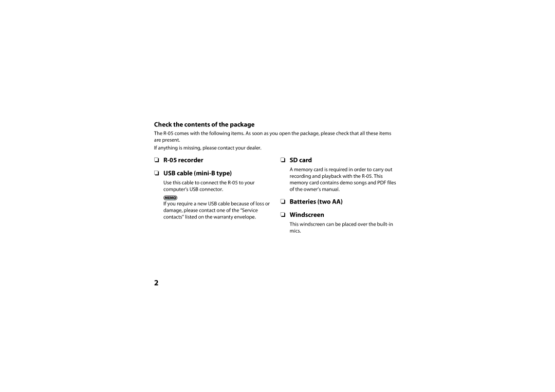 Roland R-05 warranty Check the contents of the package 