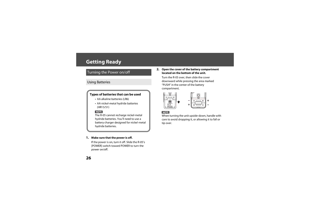Roland R-05 warranty Getting Ready, Turning the Power on/off, Using Batteries, Types of batteries that can be used 